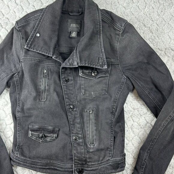 Guess Black Denim Jacket Button-Up Biker Multiple Pockets Womens‎ Size S - Picture 9 of 11